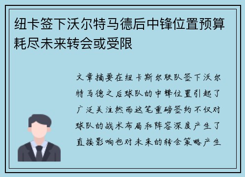 纽卡签下沃尔特马德后中锋位置预算耗尽未来转会或受限