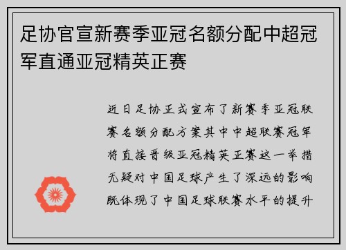 足协官宣新赛季亚冠名额分配中超冠军直通亚冠精英正赛
